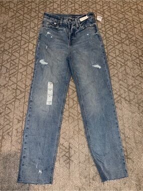 Old Navy Women's Distressed Sky-Hi Straight-Leg Jeans - Blue Denim